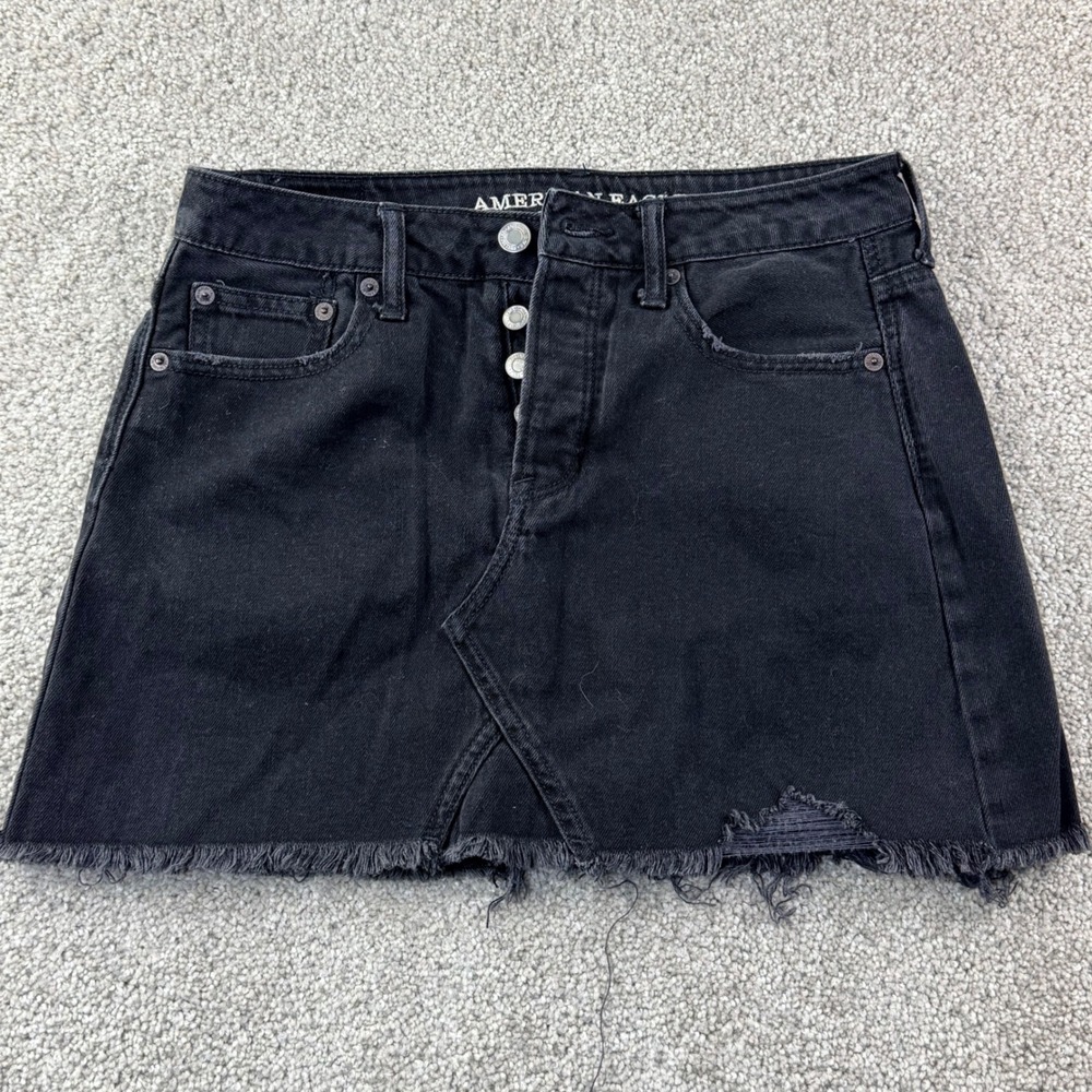 American Eagle Black Denim Mini Skirt Size 4 Button Fly Distressed Raw Hem Goth